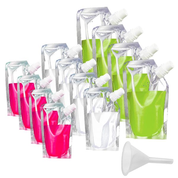 12 Pack Drink Pouch,Reusable Liquor Plastic Flasks Concealable Juice Pouch Bags with Spout and Small Funnel for Picnic Camping Party Beverage Drinks, 300ml, 420ml, 500ml