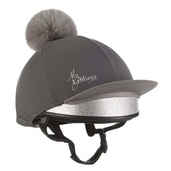 LeMieux Pom Pom Horse Riding Hat Silk in Grey with 4 Way Stretch Fabric Coordinates with Base Layers & Saddle Pads - Equestrian Headgear - One Size