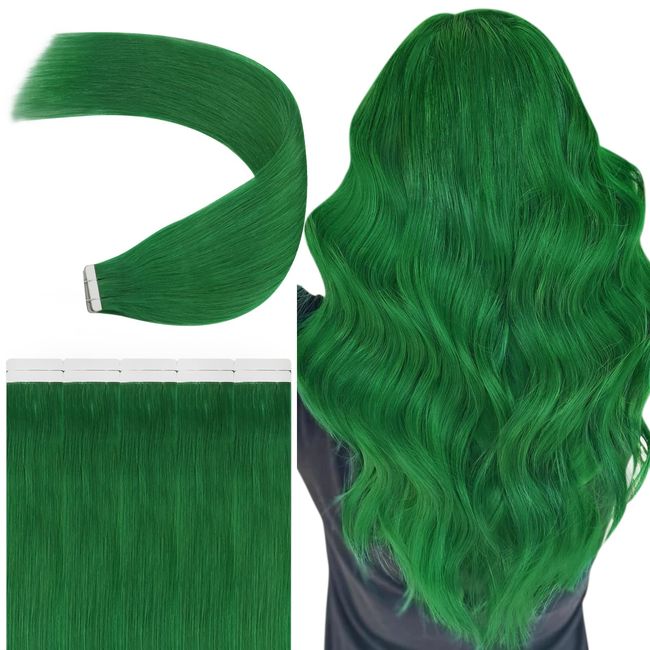 YoungSee Green Tape in Hair Extensions Human Hair 14 inch Green Tape in Hair Extensions Green Human Hair Extensions Green Hair Extensions 10Pcs 25G Tape in Hair Extensions Human Hair