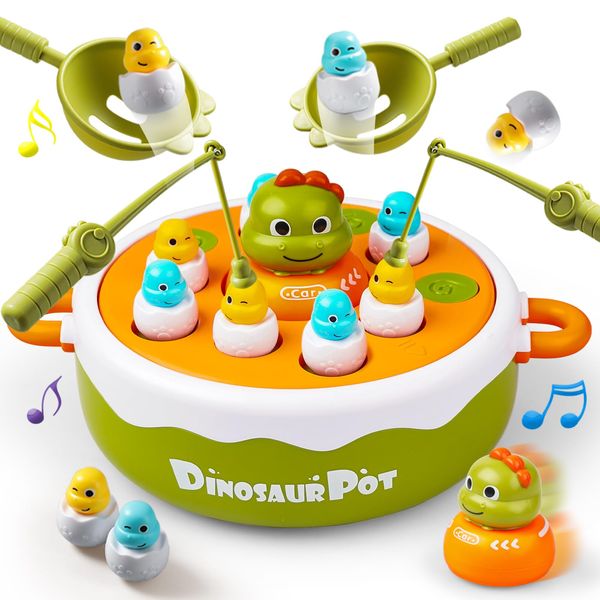 JEEKALO Dinosaur Pop Up Board Games for Toddlers, 4-in-1 Magnetic Fishing Game Tic Tac Toe Bowling Toys, Rotating Music Dinosaur Catch Game, Family Operation Games for Kids 3-5 4-8 8-12