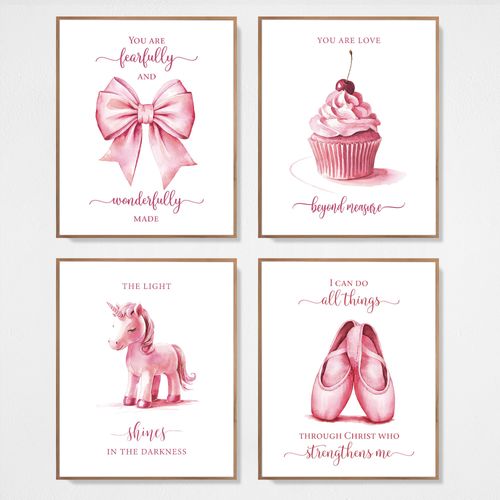 seersillus 4Pcs Pink Bible Verses Wall Art Inspirational Christian Gifts, Pink Decor for Girls Room Classroom- Unframed 8×10inches