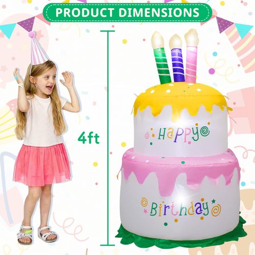 4FT Birthday Cake Inflatable Decorations with Candles Build-in LED Lights,Blow up Birthday Cake Indoor Outdoor Party Addition,Birthday Gift for Kids,Easter Decoration for Garden,Yard,Lawn,Porch