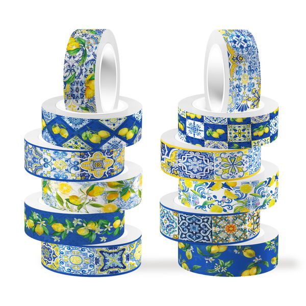 CC HOME Zitrone Klebeband Washi Tape 12 Rollen, 15mm Blaue und Weiße Porzellan Zitrone Und Papierband Tape Set, Masking Tape Dekorative Papier Aufkleber zum Verpacken von Geschenken, DIY Art Crafts