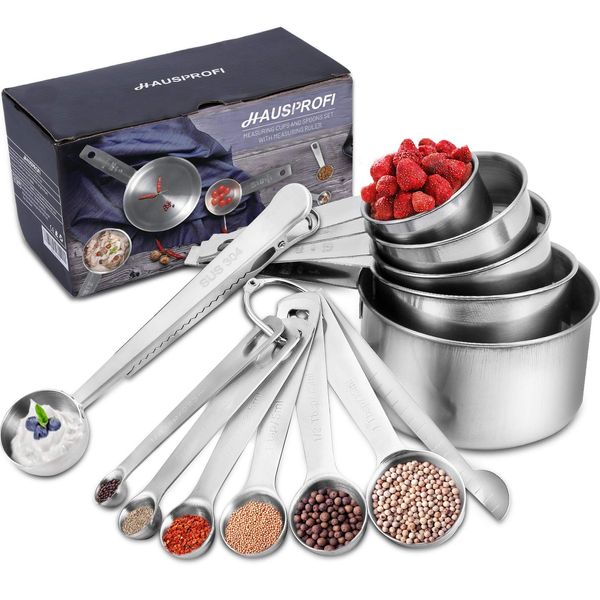 HAUSPROFI Measuring Cups and Spoons Set, 13 Pieces Premium Stainless Steel Measuring Spoons with Ruler Scoop/Clip for Baking, Liquid and Solid