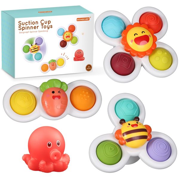 ECHOCUBE Suction Cup Spinner Toys, 3 Pcs Educational Spinning Sensory Suction Toys, Baby Bath Toys for Toddler Boys and Girls