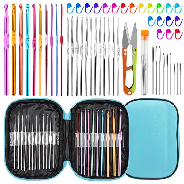 RMTIME Crochet Needle Set 54pcs Crochet Hook Kit with Storage Case Ergonomic Knitting Needles Blunt Needles Stitch Markers DIY Hand Knitting Craft Art Tools for Beginners (Blue)