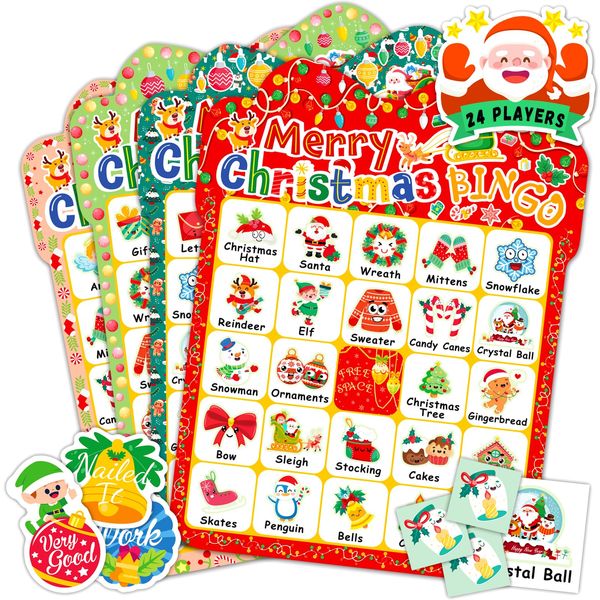 YTSQLER Christmas Bingo Game for Kids 24 Players, Christmas Bingo Cards Christmas Party Games for Family School Classroom Winter Party Supplies Favors Gifts