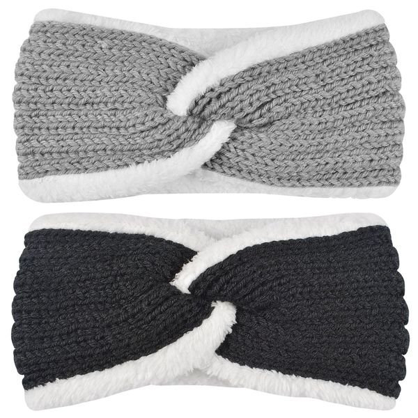 2 Stück Stirnband Damen Winter, Stirnbänder Strick, Haarband Ohrenwärmer Elastische, Haarbänder Verdicken Headwrap Kopfband für Damen/Frauen/Mädchen (Schwarz+Grau)