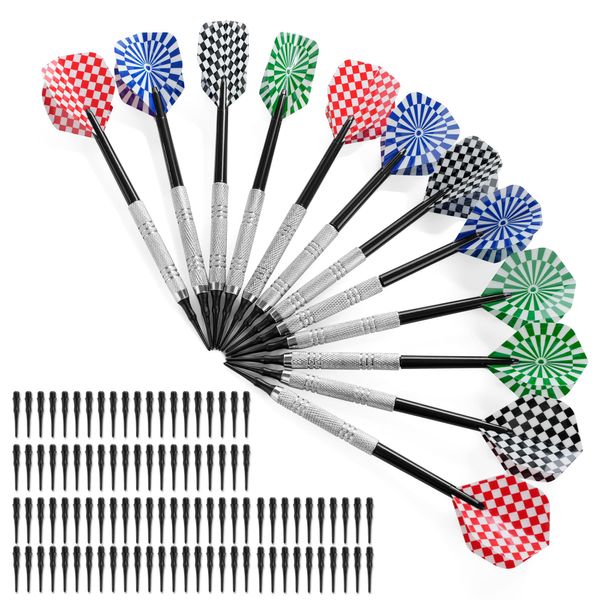 Pack of 12 Darts with Plastic Tip, Soft Darts Set, with 100 Plastic Dart Tips for Interchanging Electronic Dartboard, Professional Soft Darts