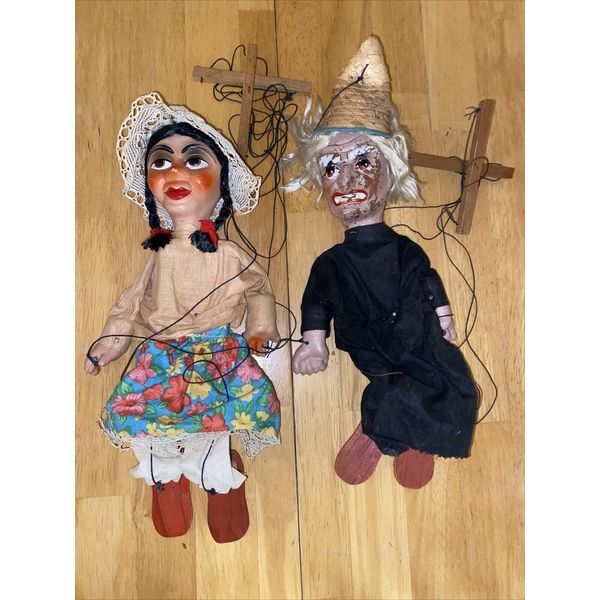 Pair Of Old Marionette Puppet Wood Man Women