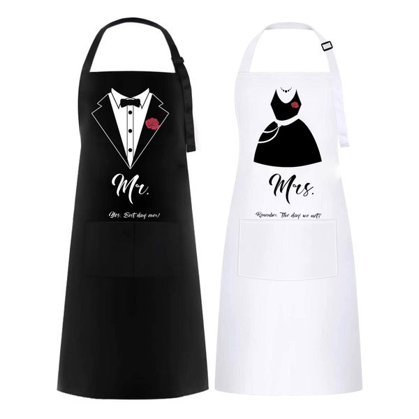 Mr and Mrs Aprons for Couples Gifts, Kitchen Cooking Aprons for Women and Men, Water Resistant White and Black Aprons as Gift for Wedding, Engagement, Anniversary, Valentine’s Day for Newlyweds (Suit)