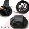Drawstring Makeup Bag GLAMZA ‘Lazy’ Cosmetics Makeup Pouch Storage Organiser for Women & Girls (Black) - from Flat Makeup Bag to Structured Travel Makeup Bag in Seconds Plus LED Compact Mirror