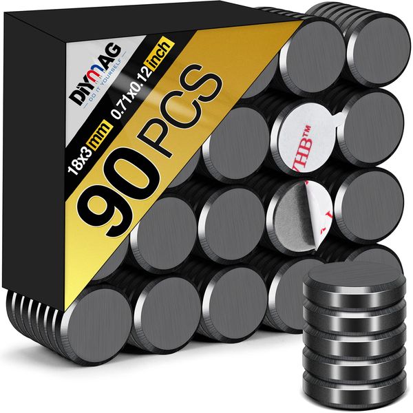 DIYMAG 90Pcs Strong Magnets for Crafts with Adhesive Backing,Ceramic Magnets Small Round Circle Magnets for Refrigerator, Craft Hobbies, Science Projects & School Notice Boards (Black,0.7 * 0.12inch)