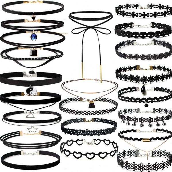 YOKER 22 Pcs Black Choker Necklaces Set Womens Velvet Choker Set Classic with Lace Tattoo Charm Girls Stretch Necklace Gifts