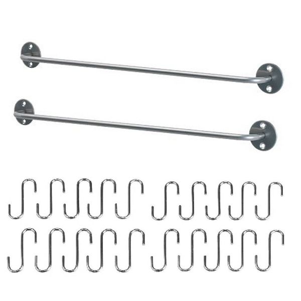 Ikea Steel Kitchen Organizer Set, 2 Rails and 20 Hooks, Silver