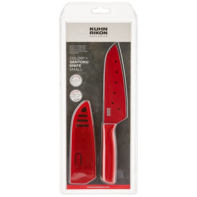 Kuhn Rikon Colori Santoku Knife with Safety Sheath, 5 inch/12.70 cm Blade, Red