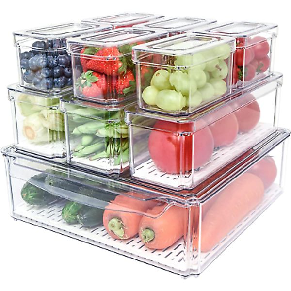 Pomeat 10 Pack Fridge Organizer, Stackable Refrigerator Organizer Bins with Lids