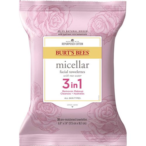 Face Wipes, Burt's Bees Facial Cleansing, Makeup Remover Towelettes with Rose Water, 3 in 1 Hydrating Micellar Cleanser, 30 Count