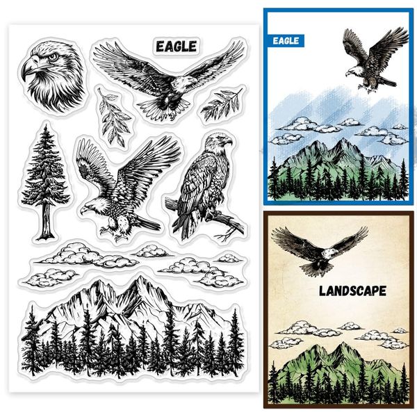 GLOBLELAND Eagle Landschaft Clear Stempels Bergspitze Waldlandschaft Silikon Clear Stempel Siegel Blätter Wolken Transparente Stempel Für DIY Scrapbooking Kartenherstellung