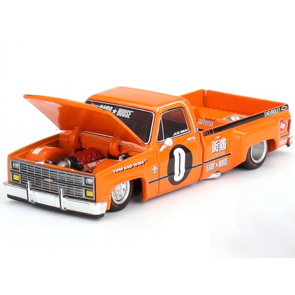 Chevy KAIDO Works V2 Pickup Truck #0 Orange with Graphics (Designed by Jun Imai) Kaido House Special 1/64 Diecast Model Car by True Scale Miniatures KHMG090