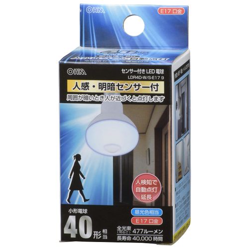 Ohm (OHM) LDR4D-W/S-E17 9 06-3414 Electric LED Light Bulb Reflector Lamp Type E17 40 Type Equivalent, Motion Sensor, Light and Dark Sensor, Daylight
