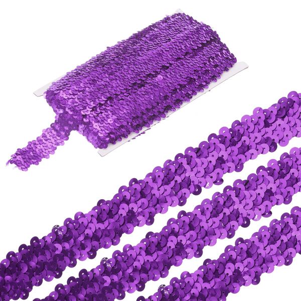 sourcing map 11 Yards 1.2 Inch Elastic Sequins Trim 3 Row Flat Sequin Strip Paillette Sequins Fabric Ribbon for Crafts DIY Sequin Fringe Sewing Purple