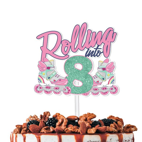 Pink Glitter Rolling into 8 Cake Topper Pick for 80s 90s Retro Roller Skates Hip Hop Roller Skating Party Decor Supplies Girl 8th Happy Birthday Theme Decorations