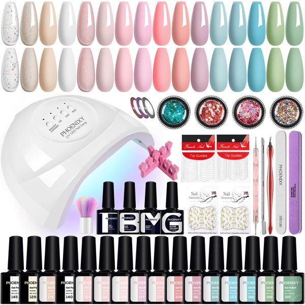 Phoenixy Gel Nail Polish Kit with U V Light, 40 Pcs Pink Blue Green White Nude Gel Nail Polish Set with 48W Nail Lamp Gel Nail Kit Gifts for Women