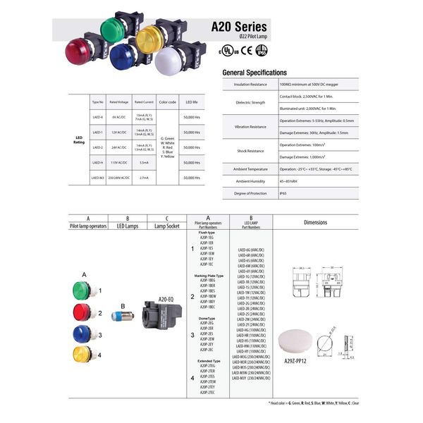 A20P-1EQ3R, 22mm LED Pilot lamp, Flush Type, 12V AC/DC, Red Lens