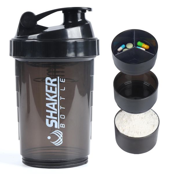 VIGIND Protein Shaker Bottle,Leak Proof Sports Water Bottle For Protein Mixer- Non Slip 3 Layer,16 oz Shake Cup with Pill Tray Storage (Black)