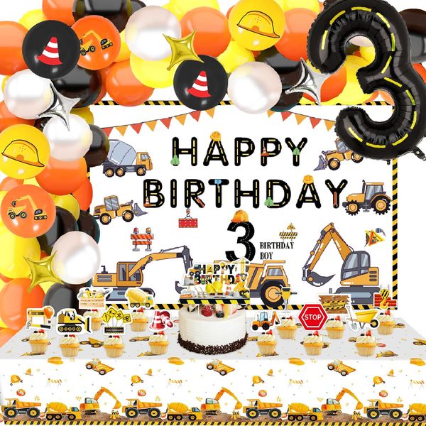 SKRCUI Construction birthday party supplies dump truck party decorations, construction theme tablecloth background cupcake decorations boy third birthday decorations boy birthday decorations balloons