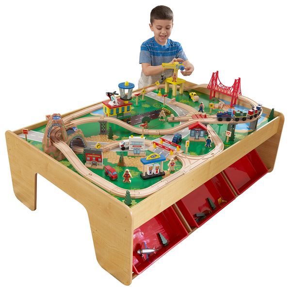 KidKraft Waterfall Mountain Wooden Train Set & Table with 120 Pieces, 3 Storage Bins, Gift for Ages 3+