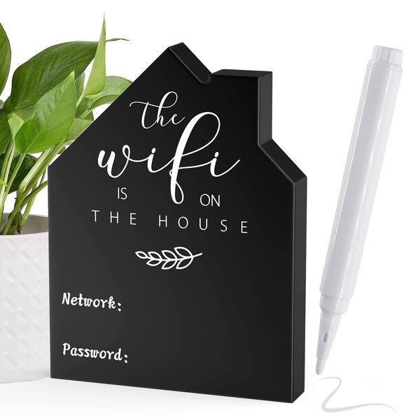 Wifi Password Sign for Home Wooden Table Wifi Sign Wooden Freestanding Chalkboard Style House Shape with Board Erasable Pen for Home Business Centerpieces,Guest Room Tabletop Decor(5x3.74 Inch,Black)