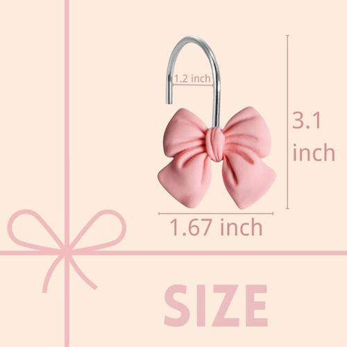 12Pcs Pink Bow Shower Curtain Hooks Set, Kawaii Bow Resin Hooks for Pink Bathroom Decor, Pink Bow Christmas, Coquette Bedroom, Girly Nursery, Cute Home Accessories