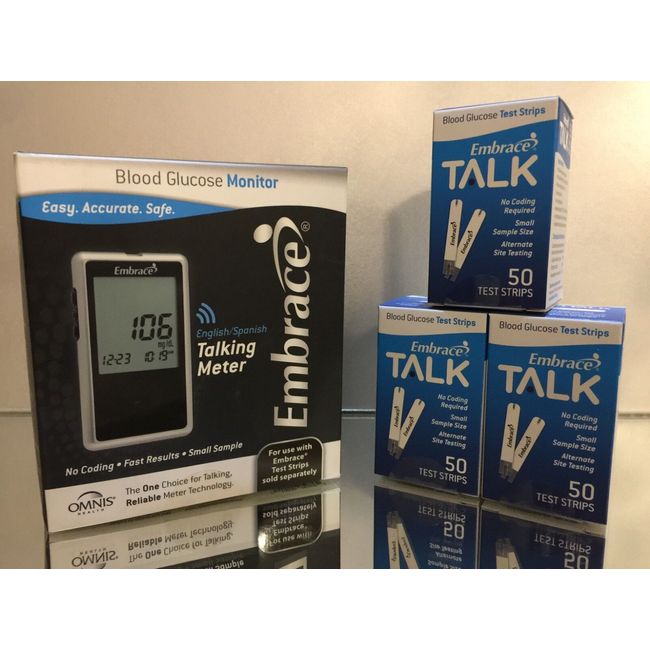 Embrace TALK Blood Glucose  Test Strips 150 (CT) PLUS FREE METER. EXP 05/05/2025