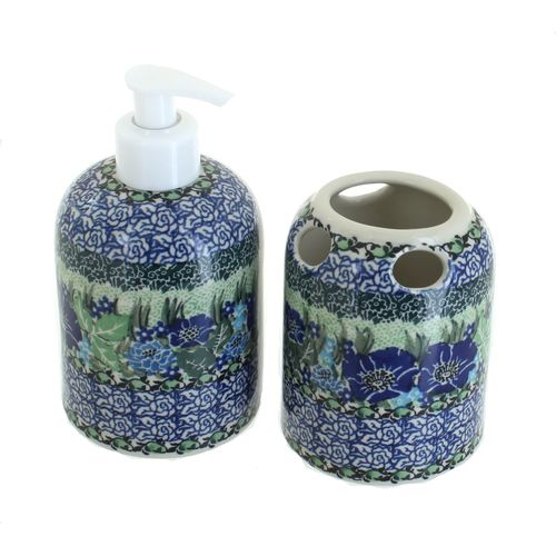 Blue Rose Polish Pottery Sapphire Fields Soap Dispenser & Toothbrush Holder