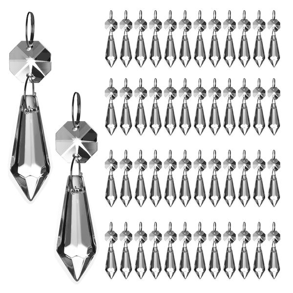 HDCRYSTALGIFTS Clear Chandelier Icicle Crystal Prisms Octogan Glass Bead for Lamp Decoration,Pack of 50 (38mm&Silver Circle Clips)