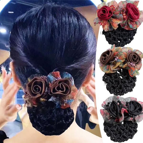 2 Pcs Flower Hair Bun Holder Covers for Women Bowknot Hair Net Pocket Hair Clip with Barrette Ribbon Barrette with Net Barrettes Net Snood Hairnet-050-3PCS#01