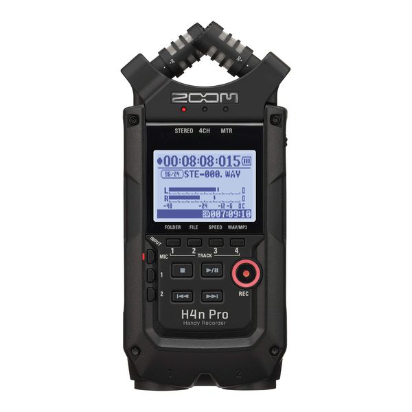 Zoom H4n Pro 4-Track Portable Recorder, All Black, Stereo Microphones, 2 XLR/ ¼“ Combo Inputs, Battery Powered, for Stereo/Multitrack Recording of Music, Audio for Video, and Podcasting