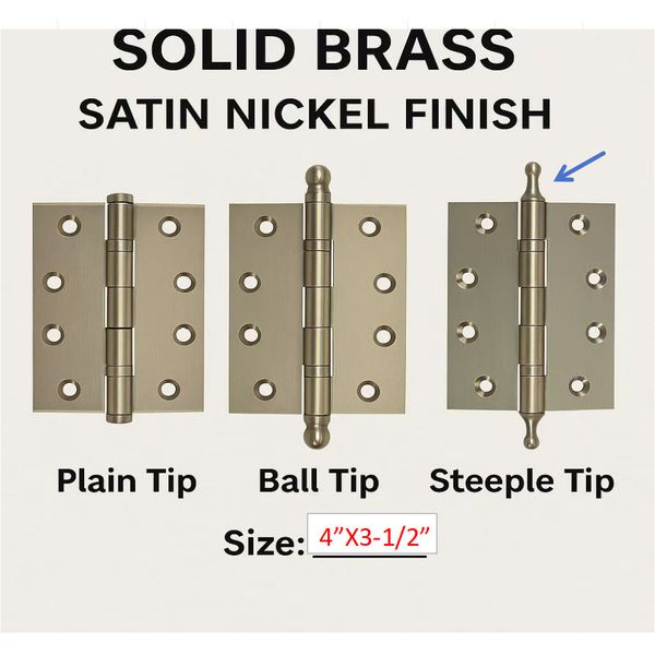 4”x3.5” Solid Brass Hinge Satin Nickel Finish Steeple Tip Heavy Duty w/ Screws