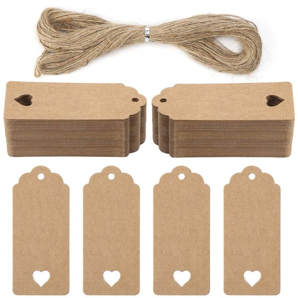 Koogel 120 Pcs Gift Paper Tags, Luggage Tags Labels Brown Heart Gift Tags with String for Gifts Arts Crafts Wedding Holiday