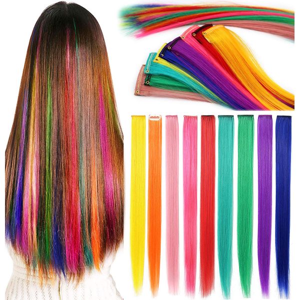 Rhyme Rainbow Hair Extensions Colored Hair Extensions Clip In/On For Girls Hair Accessories Wig Pieces For women 9PCS