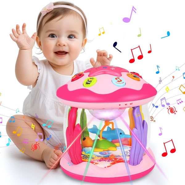 Aboosam Baby Girl Toys 6-12 Months: Babies Ocean Rotating Light Up Musical Toys 12-18 Months Crawling Learning Infant Toys for Toddlers 1 2 3 Years Old Baby Girl Gifts (Pink)