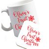 Flox Creative Ceramic Mug and Coaster Set Personalised First Christmas Script Text Right Handed