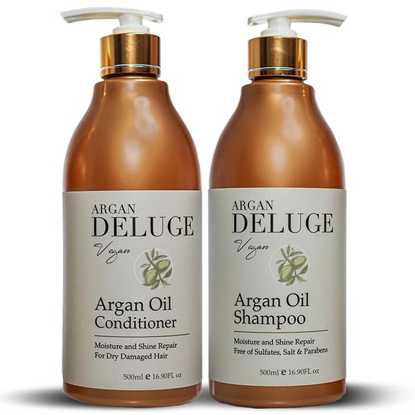 Moroccan Argan Oil Shampoo and Conditioner. Sulfate, Phosphate and Paraben Free. Keratin and Omega 3,6 by DELUGE