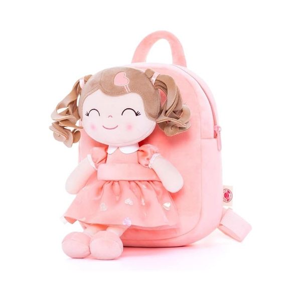 Gloveleya Toddler Backpack Baby Girl Gift Plush Bag Diaper Bag with Spring Girl Doll Curly Hair Girl Toys with Love Orange 9 Inches