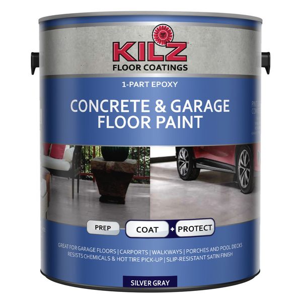 KILZ 1-Part Epoxy Acrylic Concrete and Garage Floor Paint, Interior/Exterior, Satin, Silver Gray, 1 Gallon