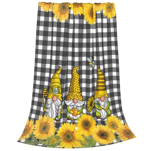 Oplp Gnome Bee and Sunflowers Throw Blanket for Bed Sofa Couch Black and White Checkered Fleece Blankets Lightweight Soft Cozy 60"x50"