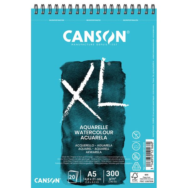 CANSON XL Aquarelle C400082843: DIN A5 - Aquarell Malblock in weiß - Zeichenblock für Aquarell - 300g - Hochwertiges Canson Watercolor Paper mit Spiralbindung