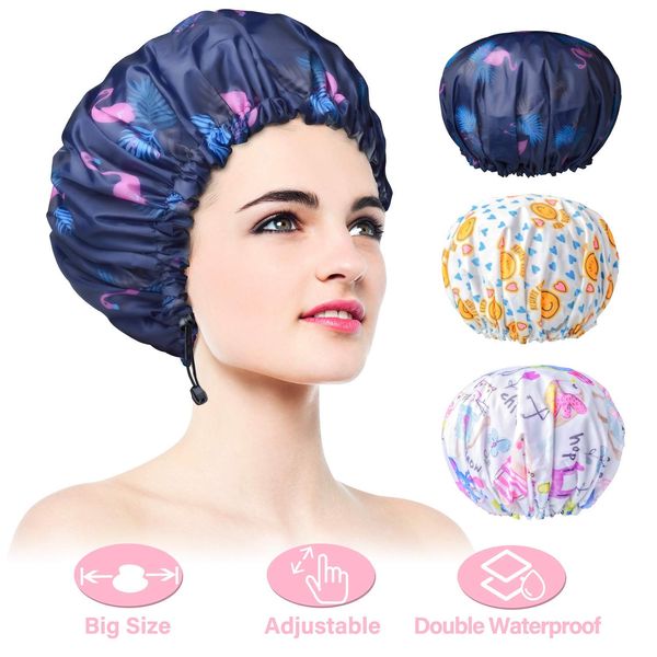 3 Packs Shower Caps, Extra Large & Adjustable & Double Layer Waterproof Hair Cap for Women, Waterproof Exterior & EVA Lining, Oversized Design for All Hair Lengths, Adjustable Hem